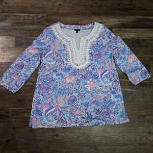 Talbots Women’s Large Floral Embroidered Lace Trim Tunic Boho Bright Color Shirt
